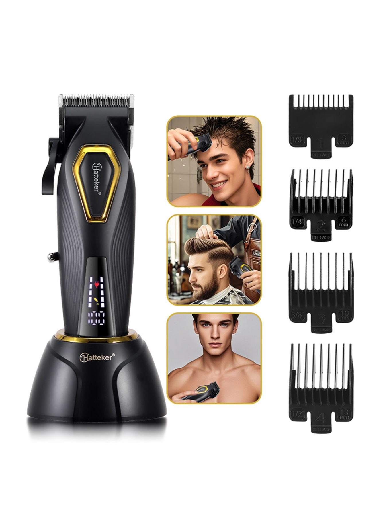 Black cordless hair clipper with LED display, Trendsi brand, showing adjustable blades and battery status in a close-up view.