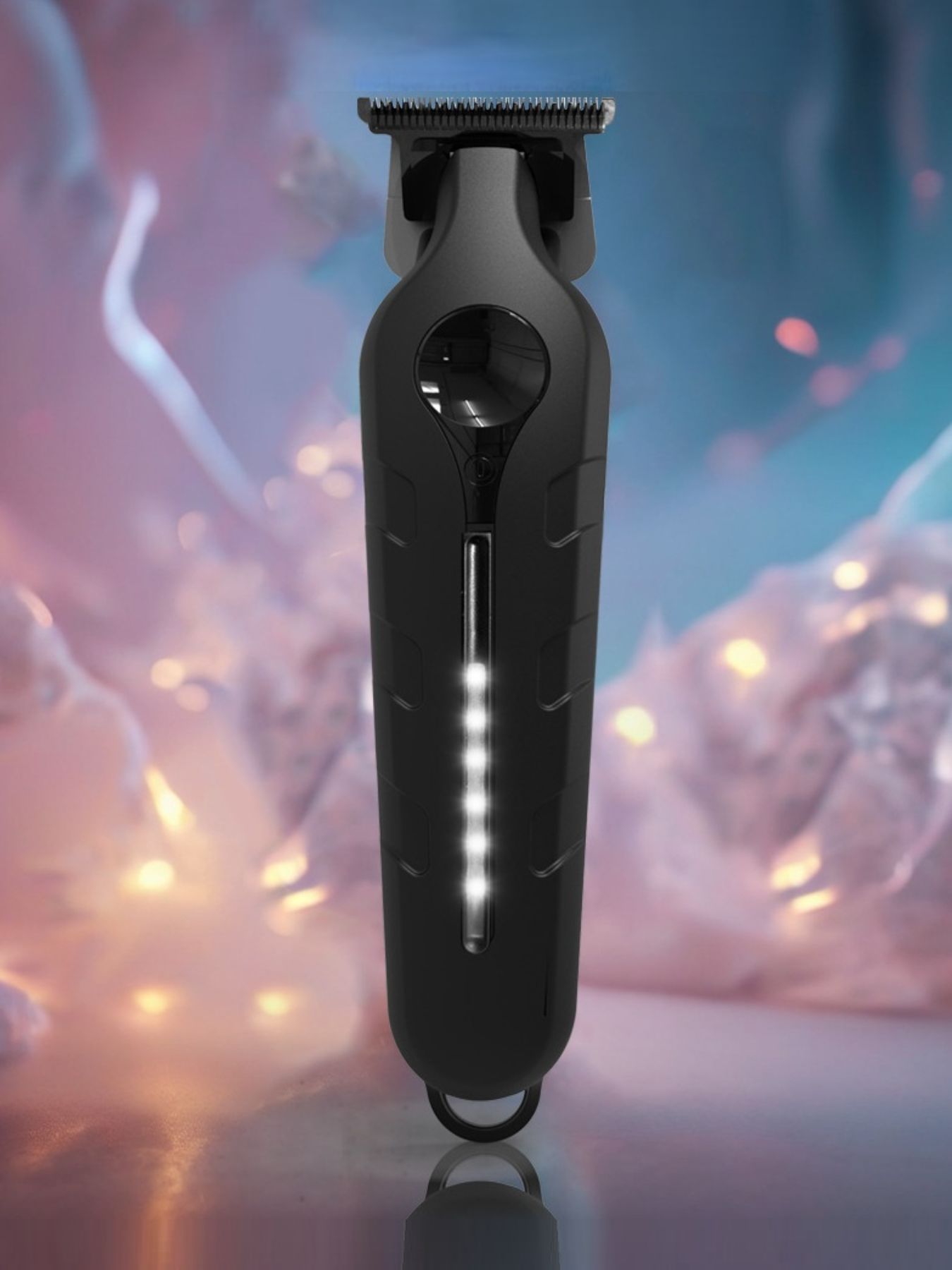 Black cordless LED hair clipper by Trendsi with a sleek design, showing the clipper’s blades and ergonomic handle.