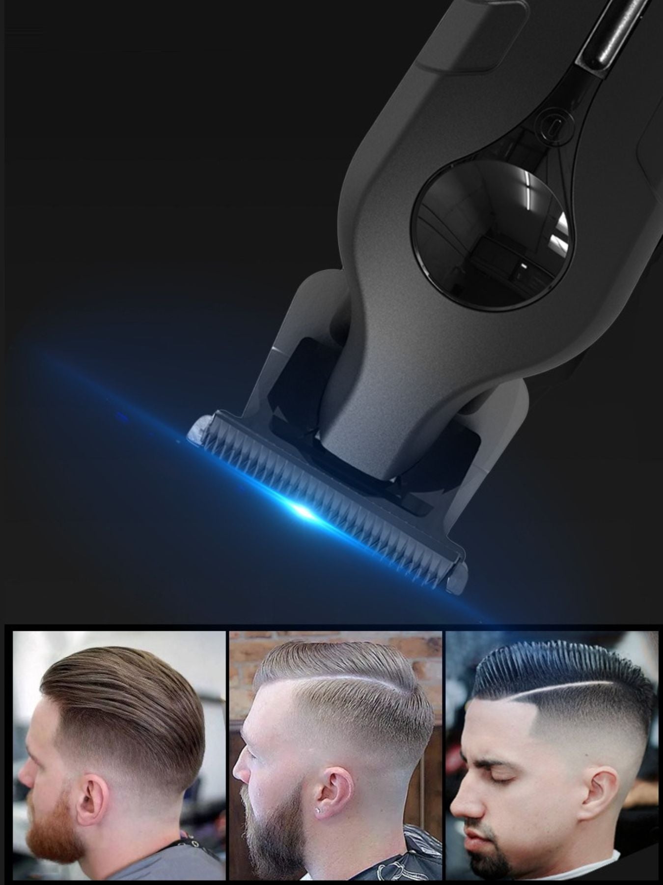 Black cordless LED hair clipper from Trendsi with a sleek design, featuring a rechargeable battery and adjustable blades.