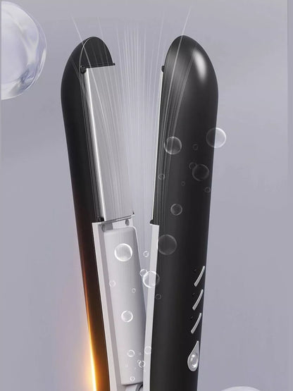 Black cordless rechargeable hair straightener from Trendsi, compact design with ceramic plates for smooth styling.