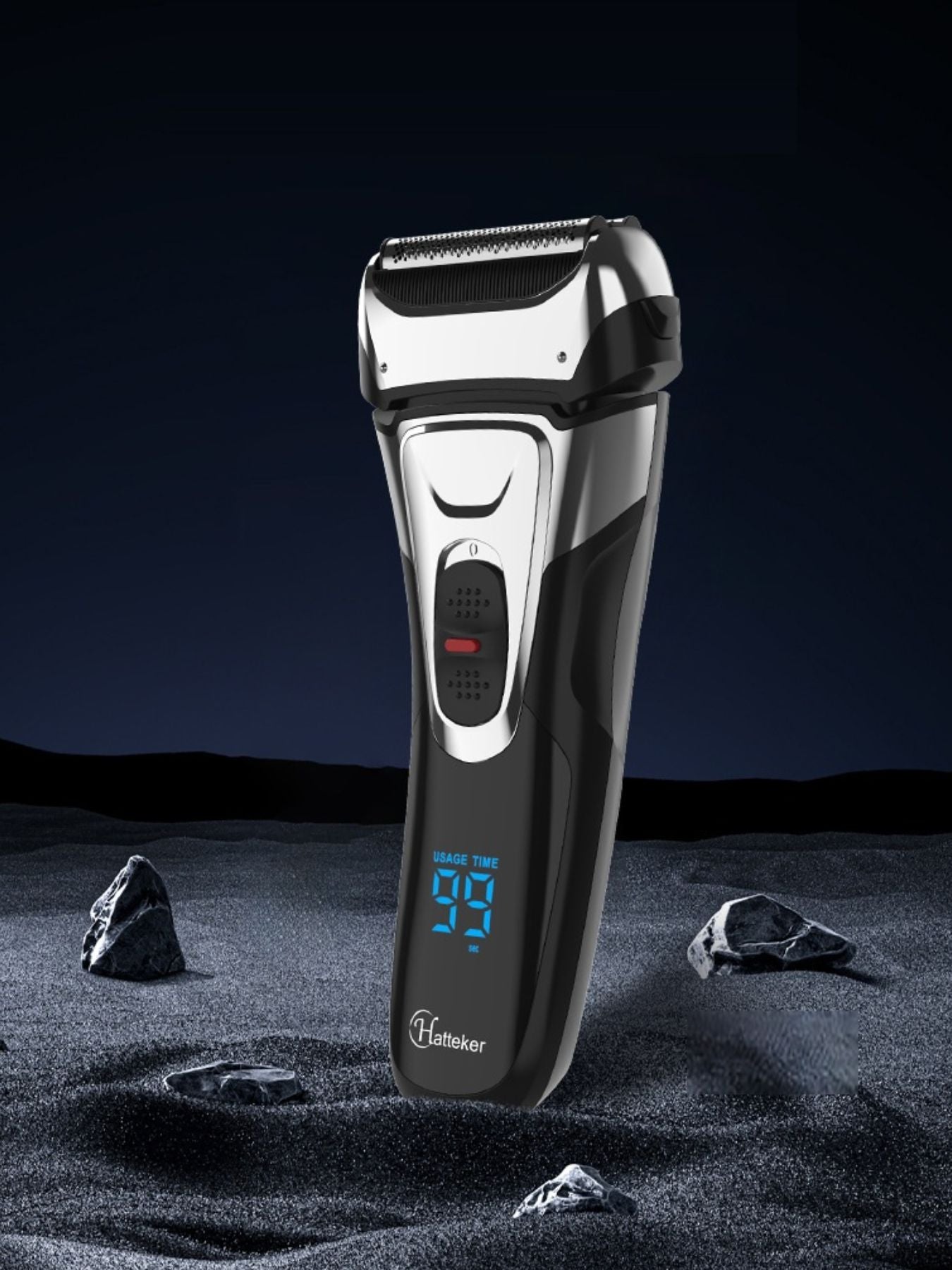 Black electric foil shaver with LED display from Trendsi, showing a close-up of the shaver's sleek design and control panel.