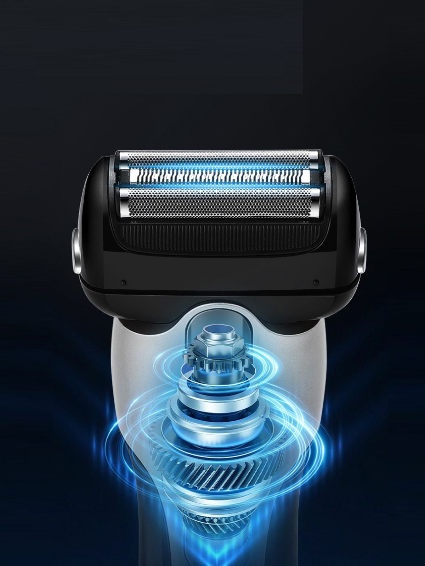 Black electric foil shaver with LED display by Trendsi, showing close-up of the shaver head and sleek design.