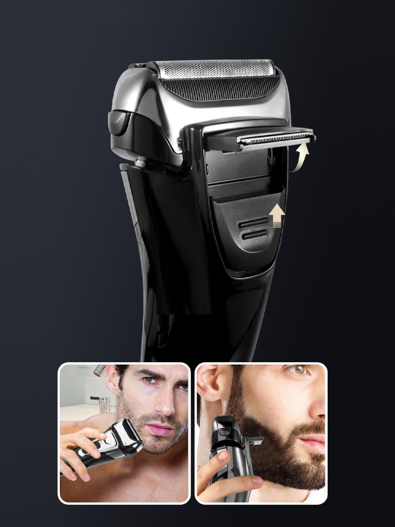 Black electric foil shaver with LED display by Trendsi, showing the shaver's sleek design and control panel.