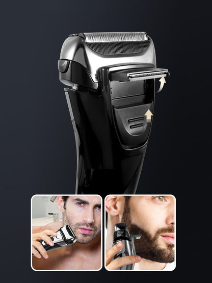 Black electric foil shaver with LED display by Trendsi, showing the shaver's sleek design and control panel.