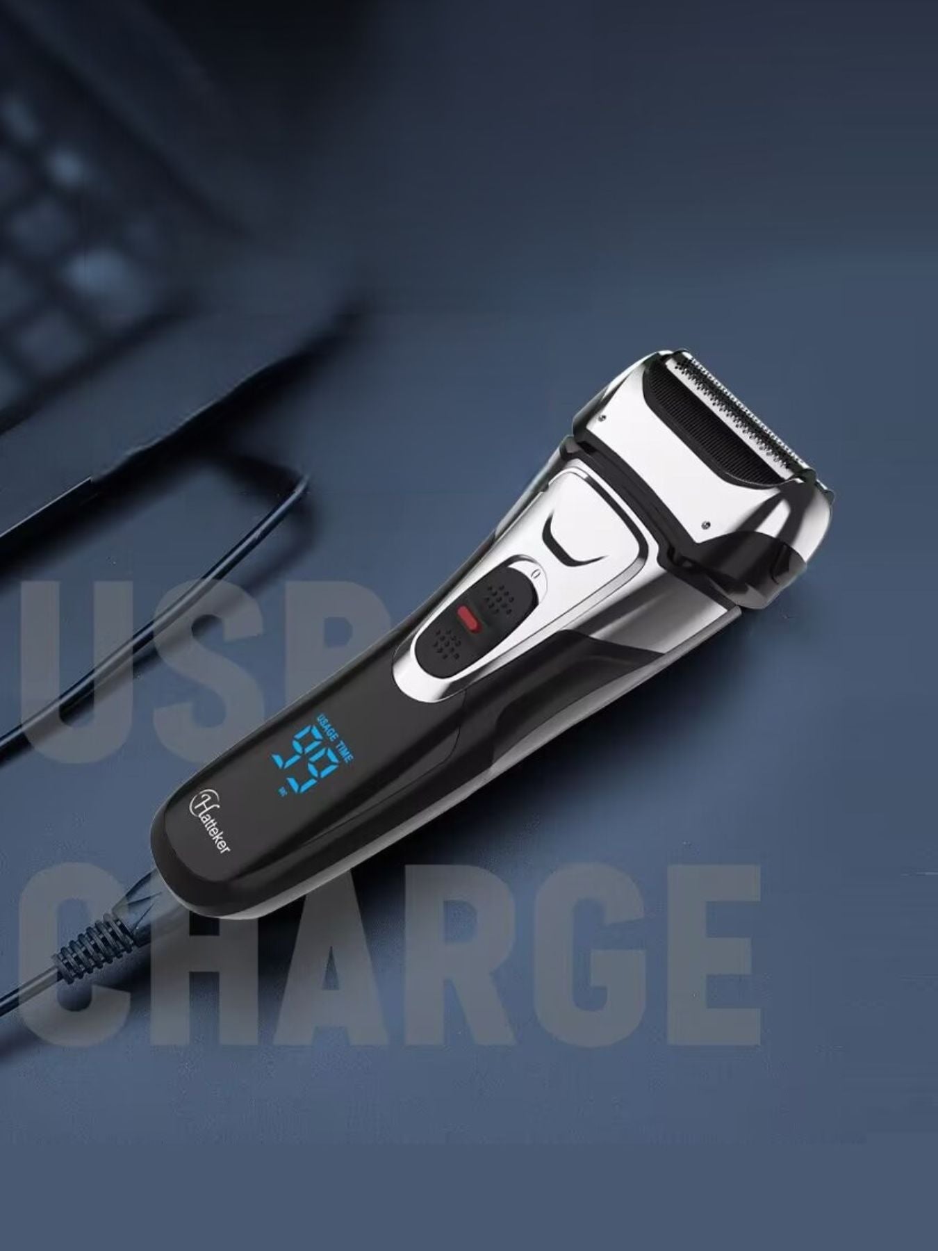 Black electric foil shaver with LED display and ergonomic design, suitable for smooth and precise shaving.
