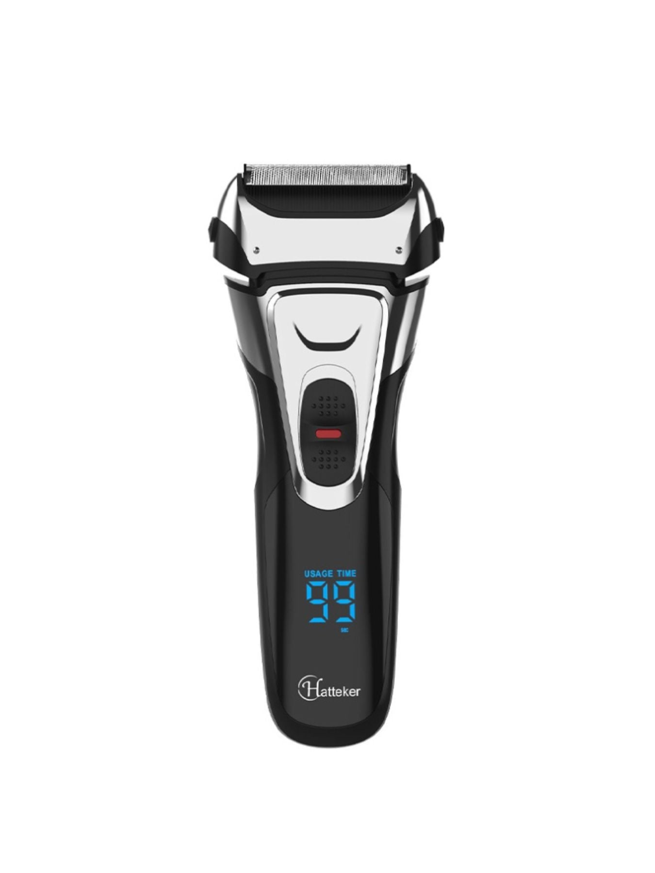 Black electric foil shaver with LED display from Trendsi, showing a close-up of the shaver's head and sleek design.