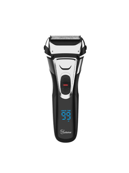 Black electric foil shaver with LED display, Trendsi brand, showing close-up of shaver head and sleek design.