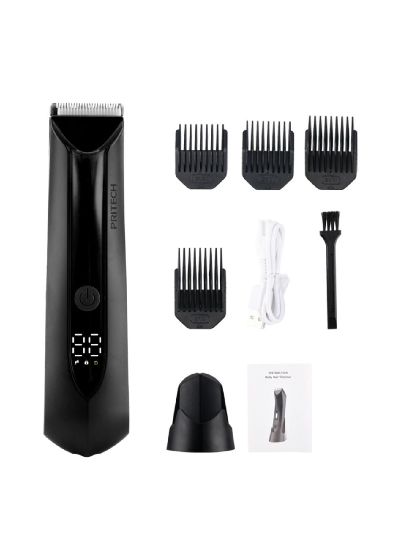 Black electric hair removal epilator with LED display from Trendsi, showcasing its sleek design and multiple attachment options.