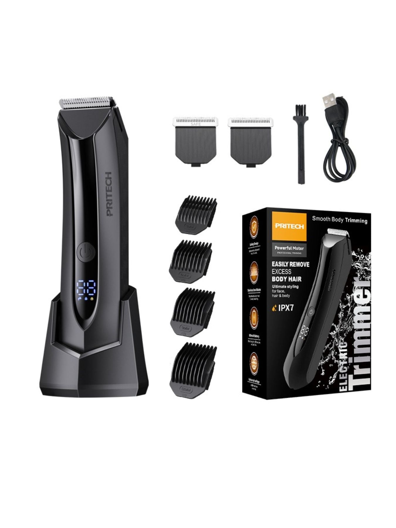 Black electric hair removal epilator with LED display and multiple attachments from Trendsi, showing the device and control panel.