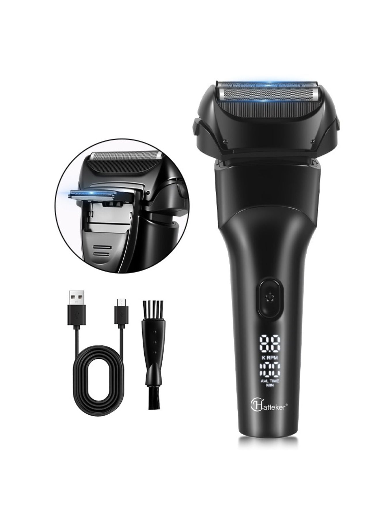 Black Trendsi electric LED display shaver with a sleek design and one size fits all for a close, comfortable shave.