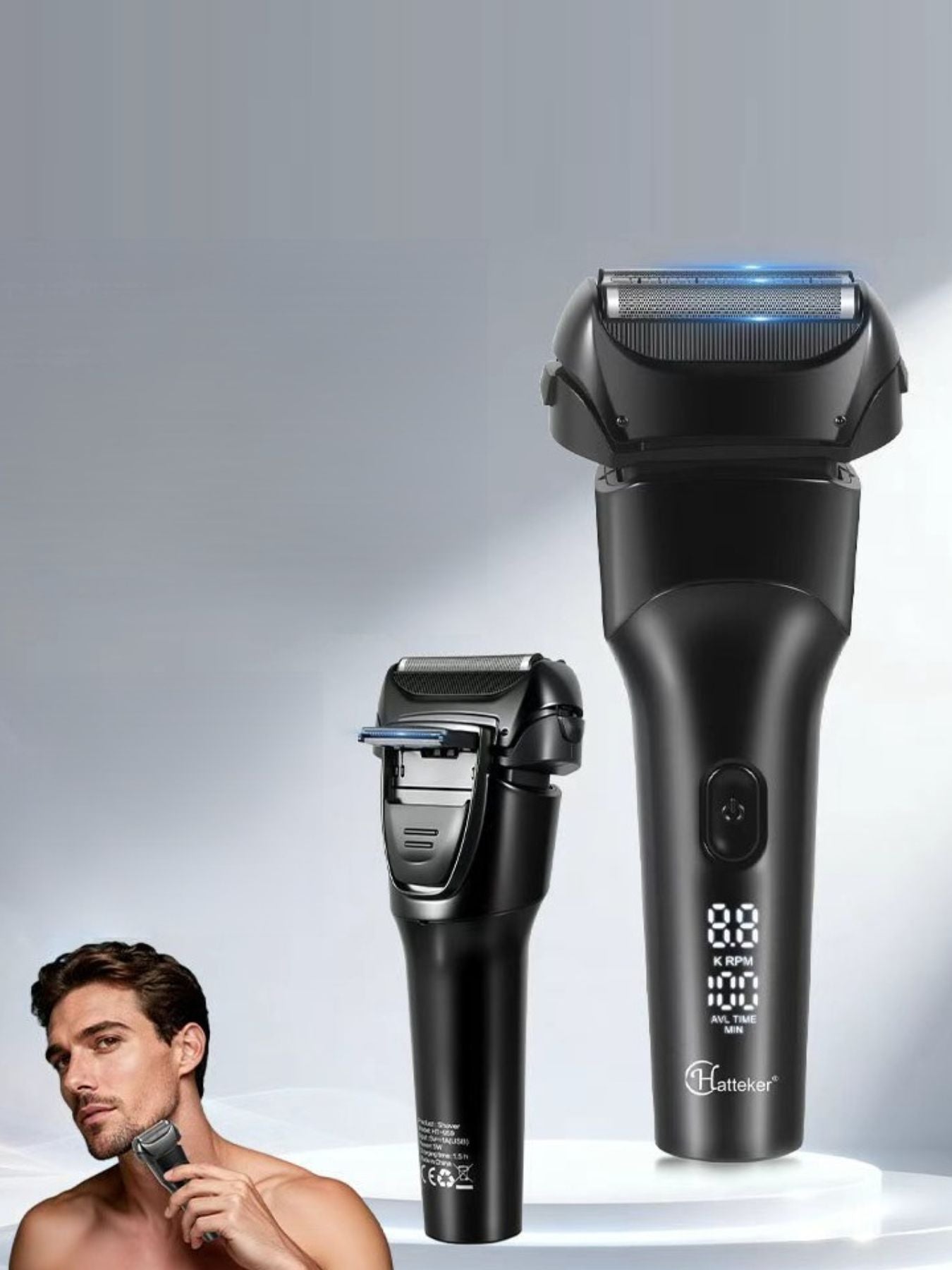 Black electric LED display shaver by Trendsi with a sleek design and one-size-fits-all handle, showing the LED screen on the front.