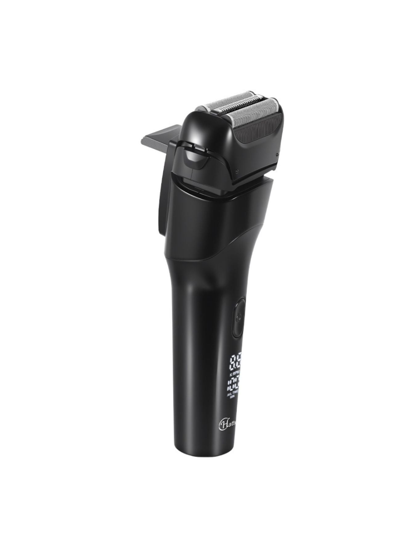 Black electric LED display shaver with one-size design, showing a close-up of the shaver's sleek body and illuminated LED screen.