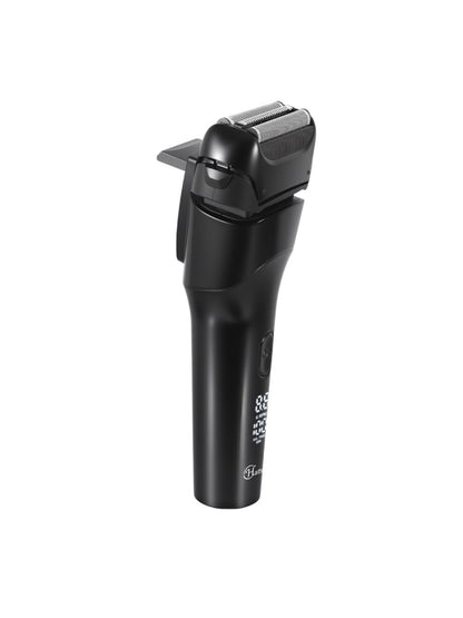 Black electric LED display shaver with one-size design, showing a close-up of the shaver's sleek body and illuminated LED screen.