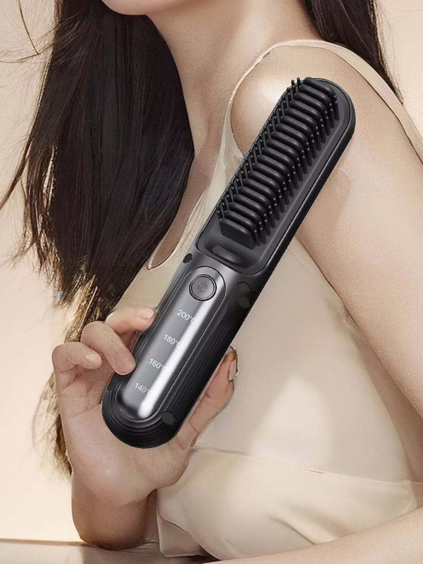 Black heated hair straightening comb by Trendsi, with wide teeth for easy styling and smooth, shiny hair.