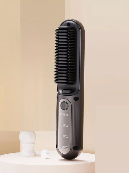 Black heated hair straightening comb by Trendsi, with wide teeth for smoothing and styling hair effectively.