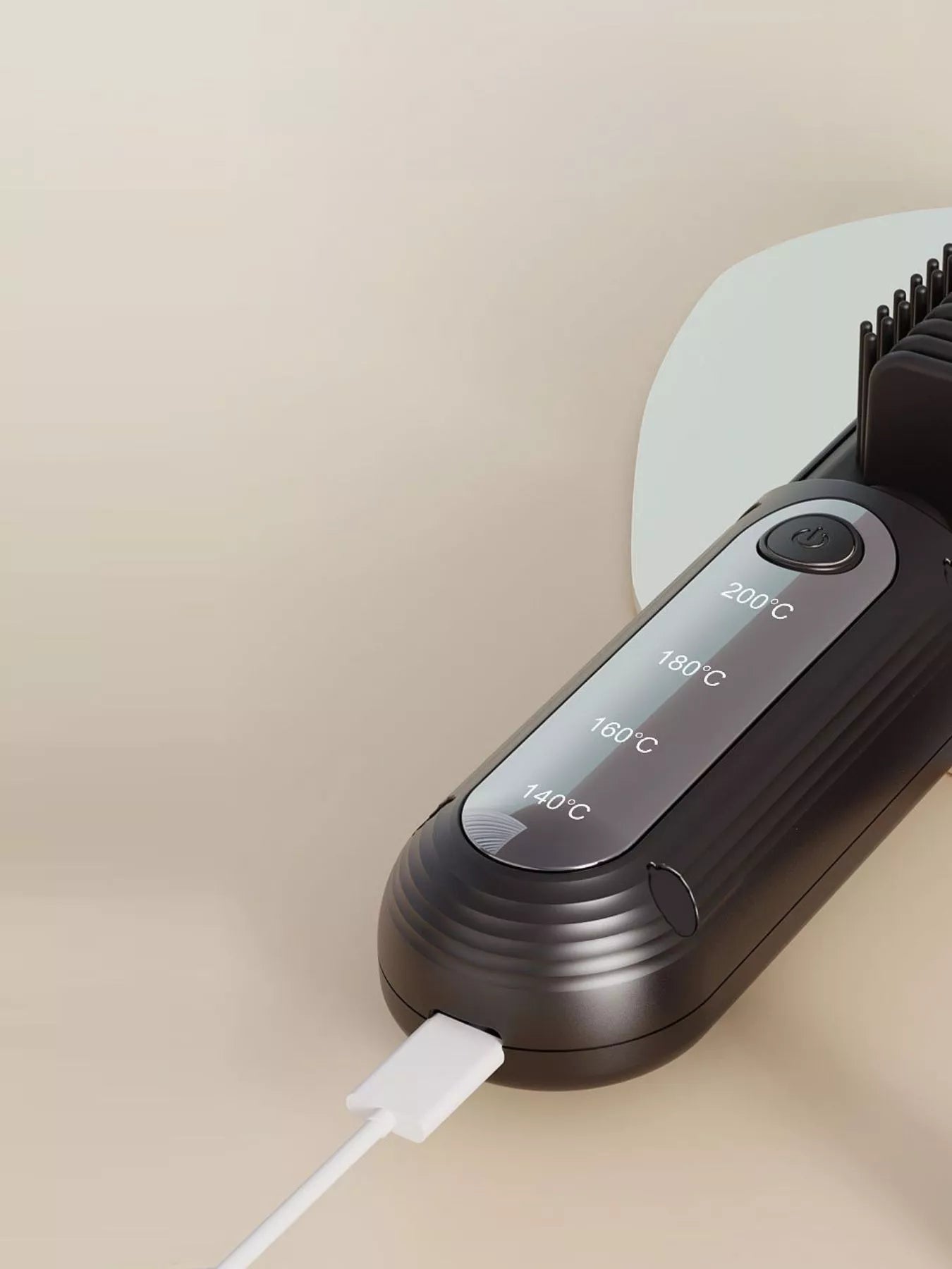 Black heated hair straightening comb by Trendsi with adjustable temperature settings, designed for smooth, straight hair.