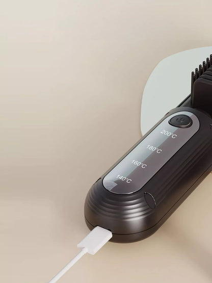 Black heated hair straightening comb by Trendsi with adjustable temperature settings, designed for smooth, straight hair.