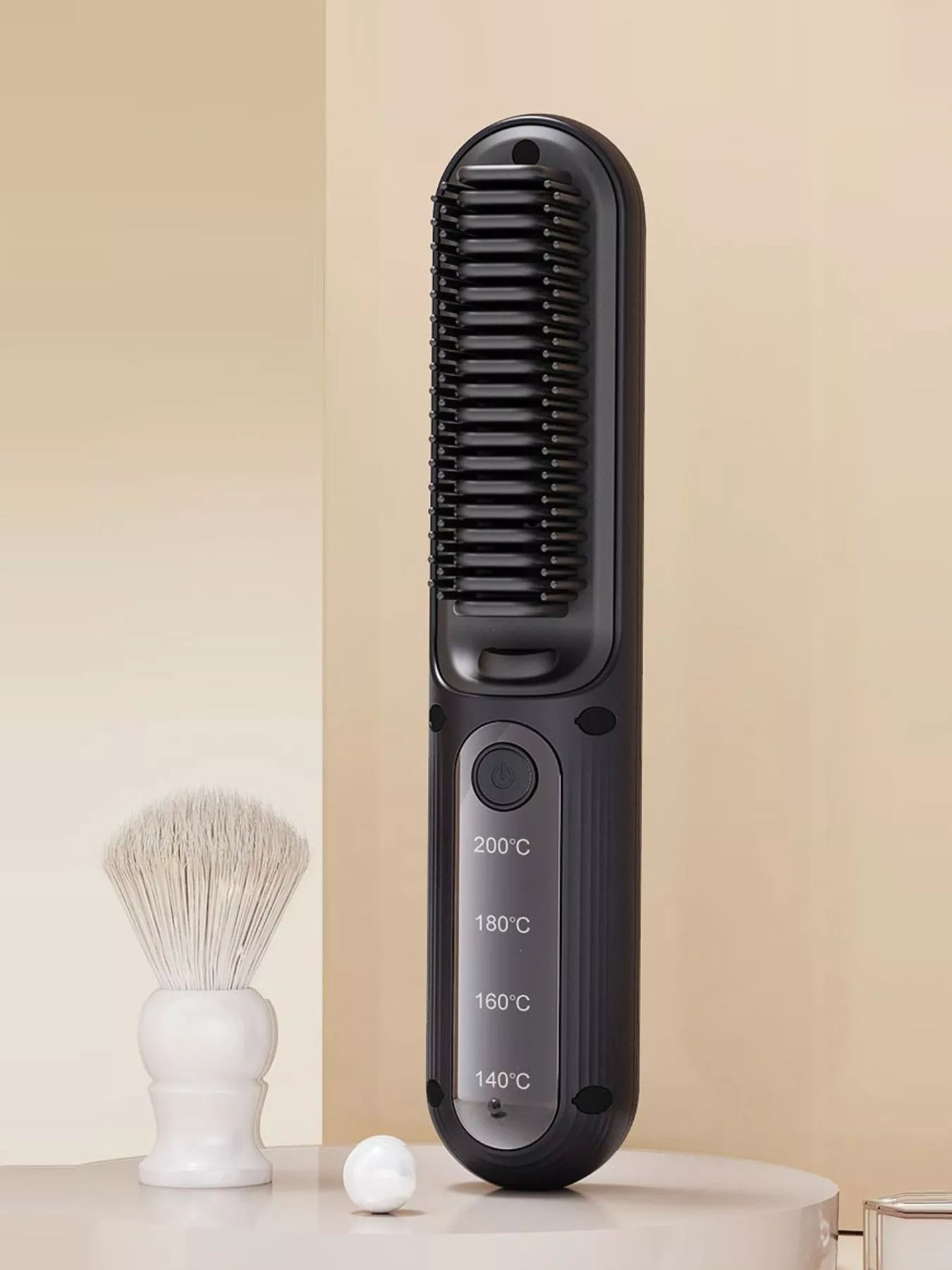 Black heated hair straightening comb from Trendsi with a sleek design, perfect for smoothing and straightening hair.