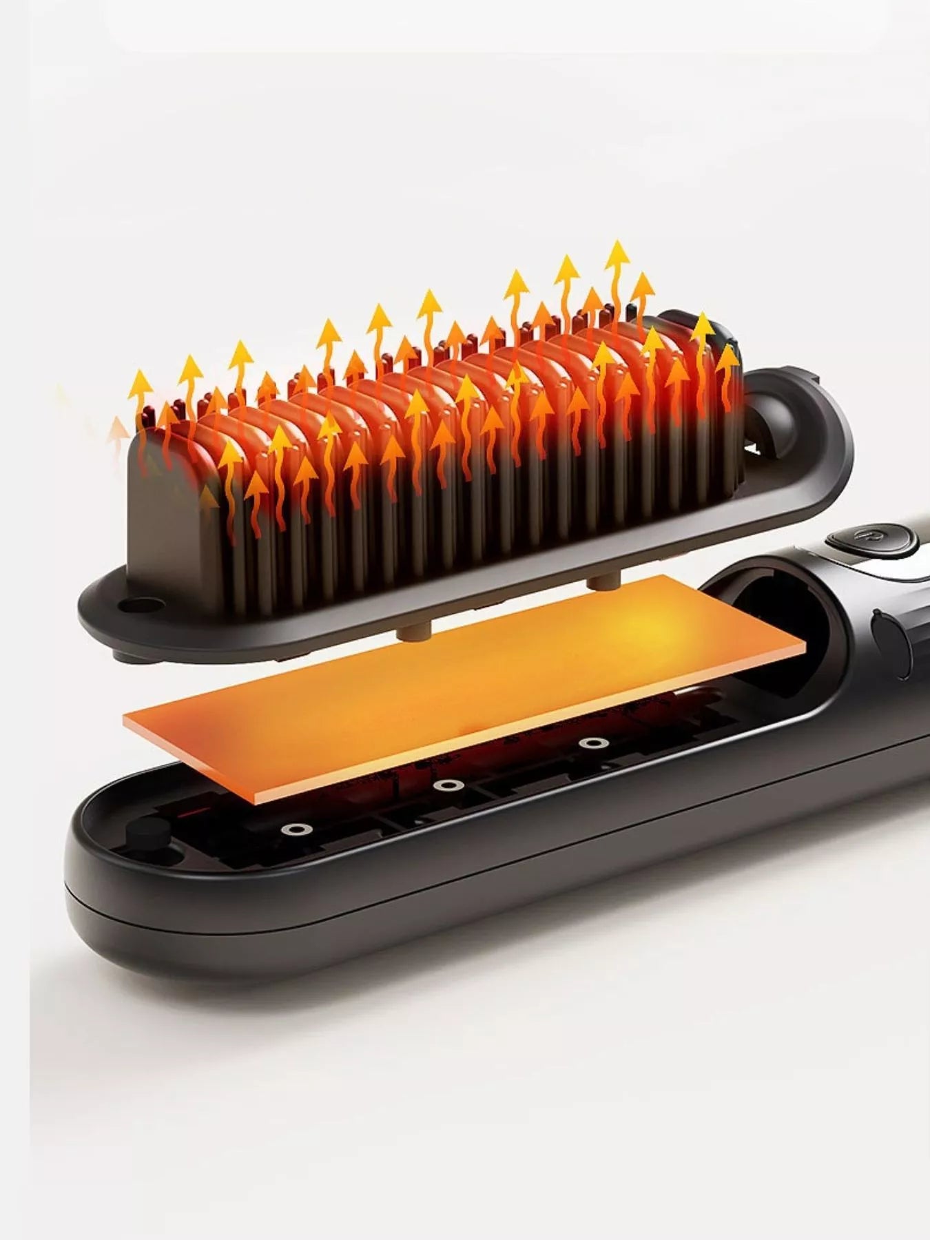 Black heated hair straightening comb by Trendsi, showing the cordless styling tool with heated ceramic plates and ergonomic handle.