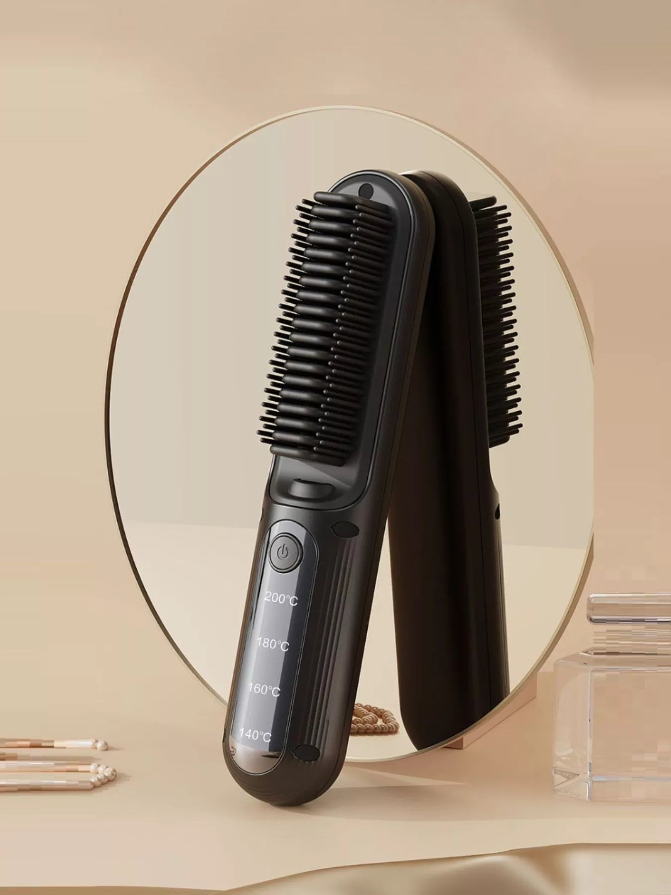 Black heated hair straightening comb by Trendsi, showcasing a sleek design perfect for smoothing and styling hair.