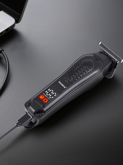 Black cordless hair clipper with LED display from Trendsi, featuring a sleek design and adjustable blades for precise haircutting.