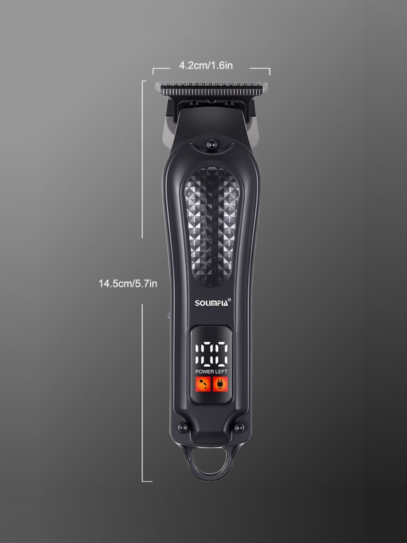 Black cordless hair clipper with LED display, Trendsi brand, showing adjustable blades and ergonomic design for easy hair trimming.