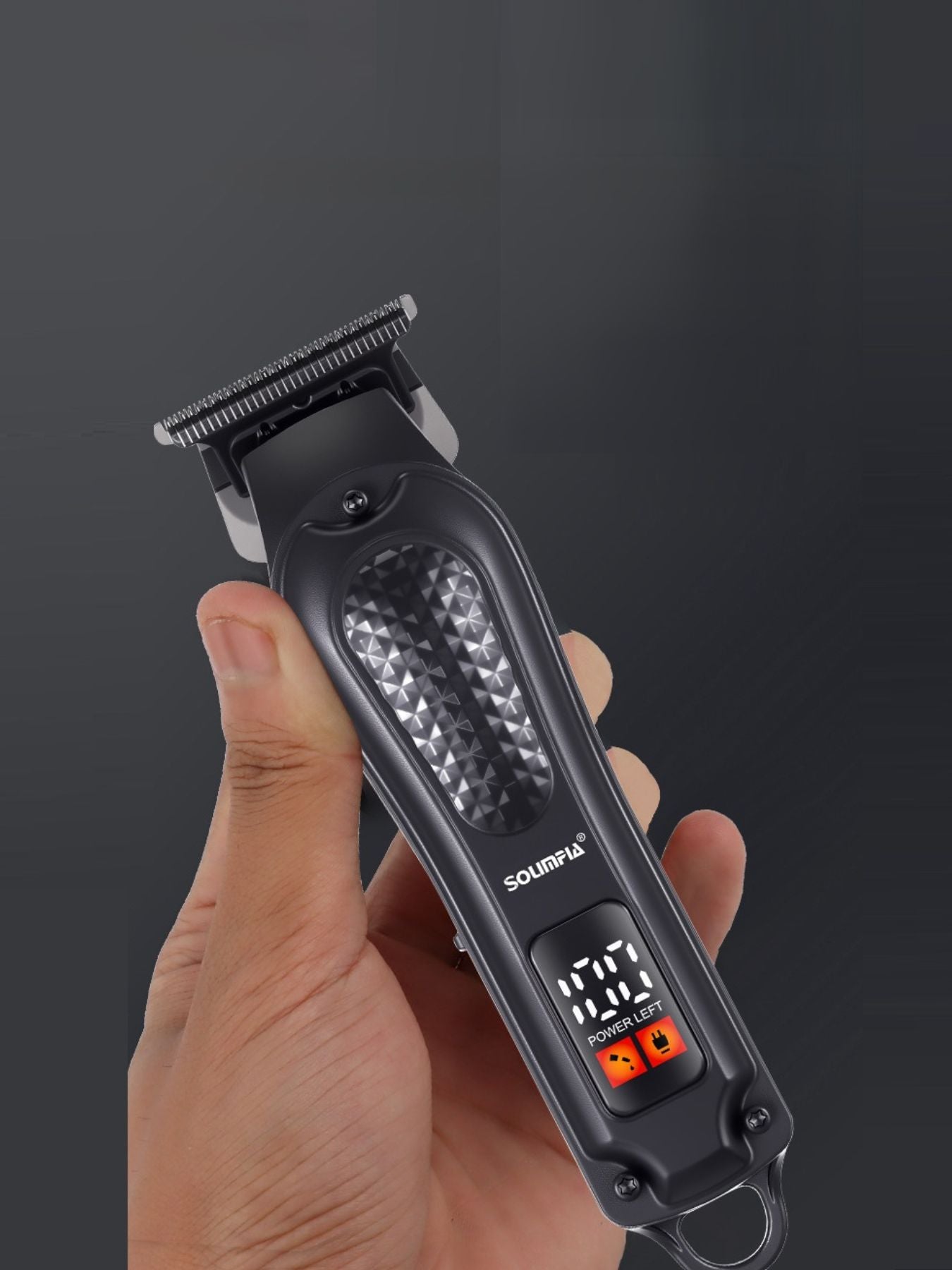 Black cordless hair clipper with LED display from Trendsi, showing adjustable cutting settings and ergonomic design.