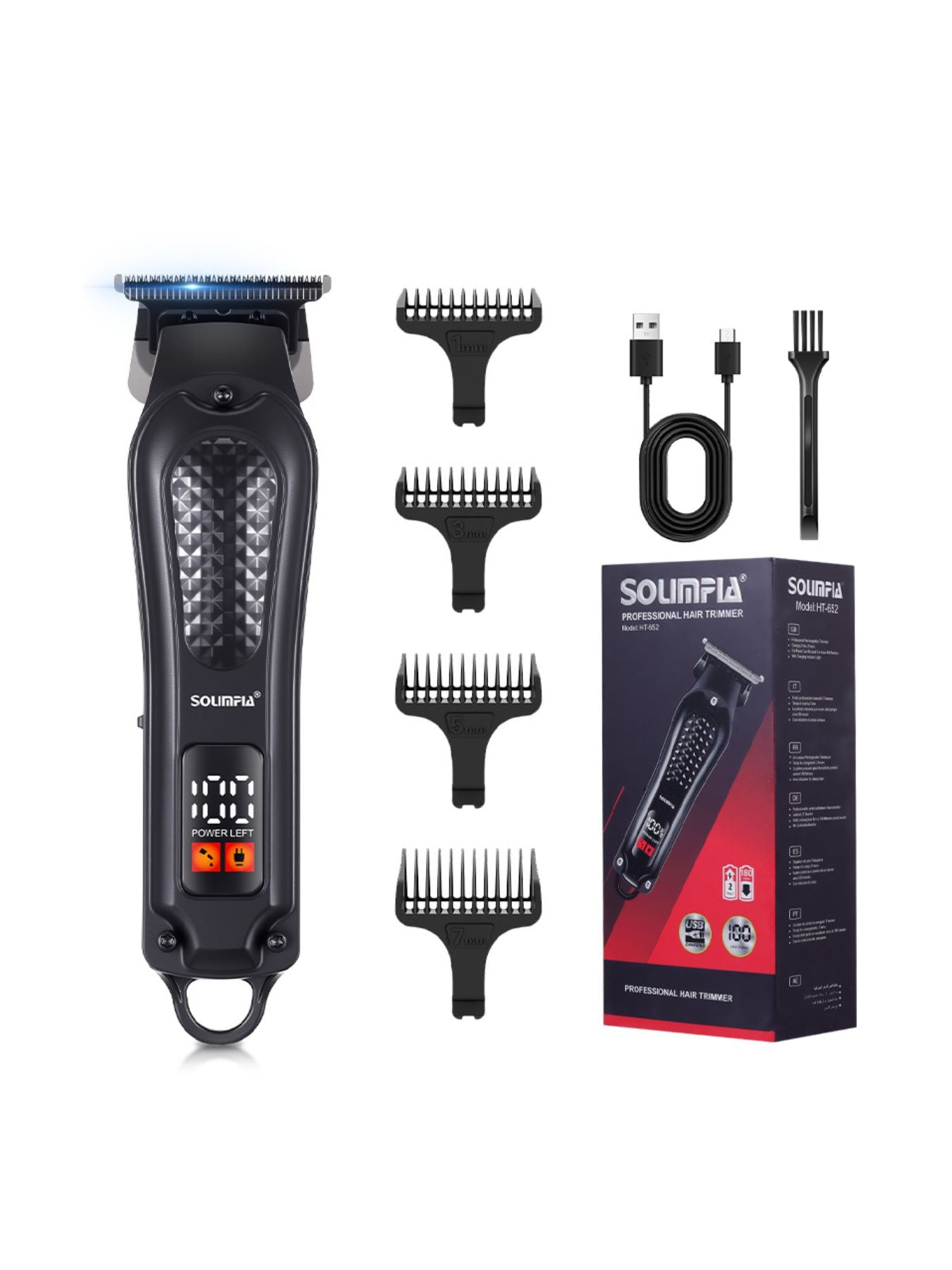 Black cordless hair clipper with LED display, Trendsi brand, showing adjustable blades and ergonomic design.