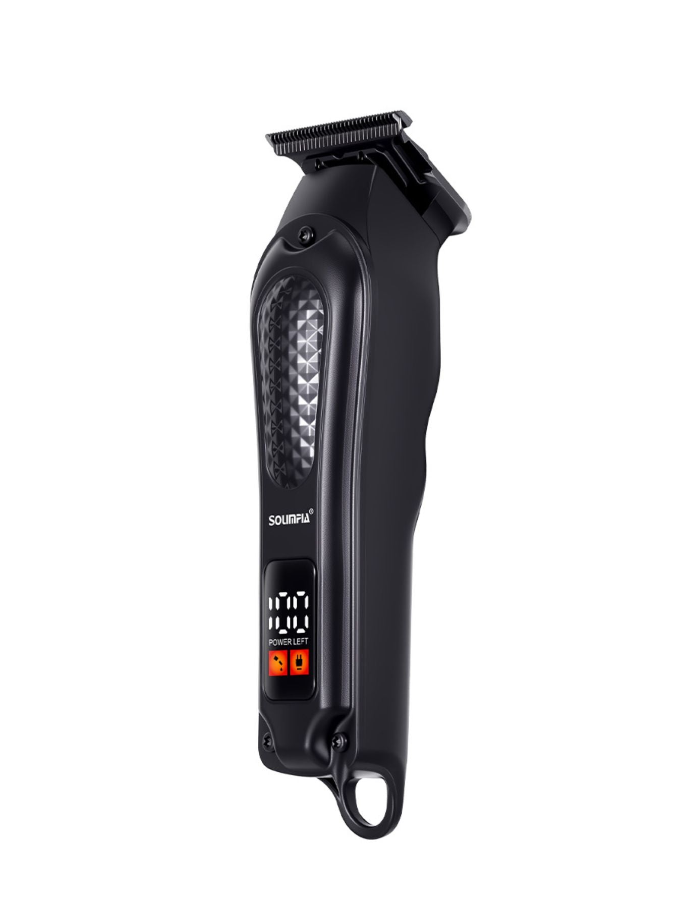 Black cordless hair clipper with LED display from Trendsi, showing adjustable blades and ergonomic design.