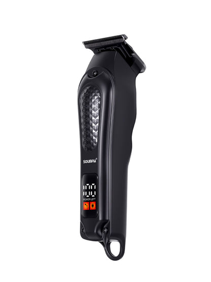 Black cordless hair clipper with LED display from Trendsi, showing adjustable blades and ergonomic design.