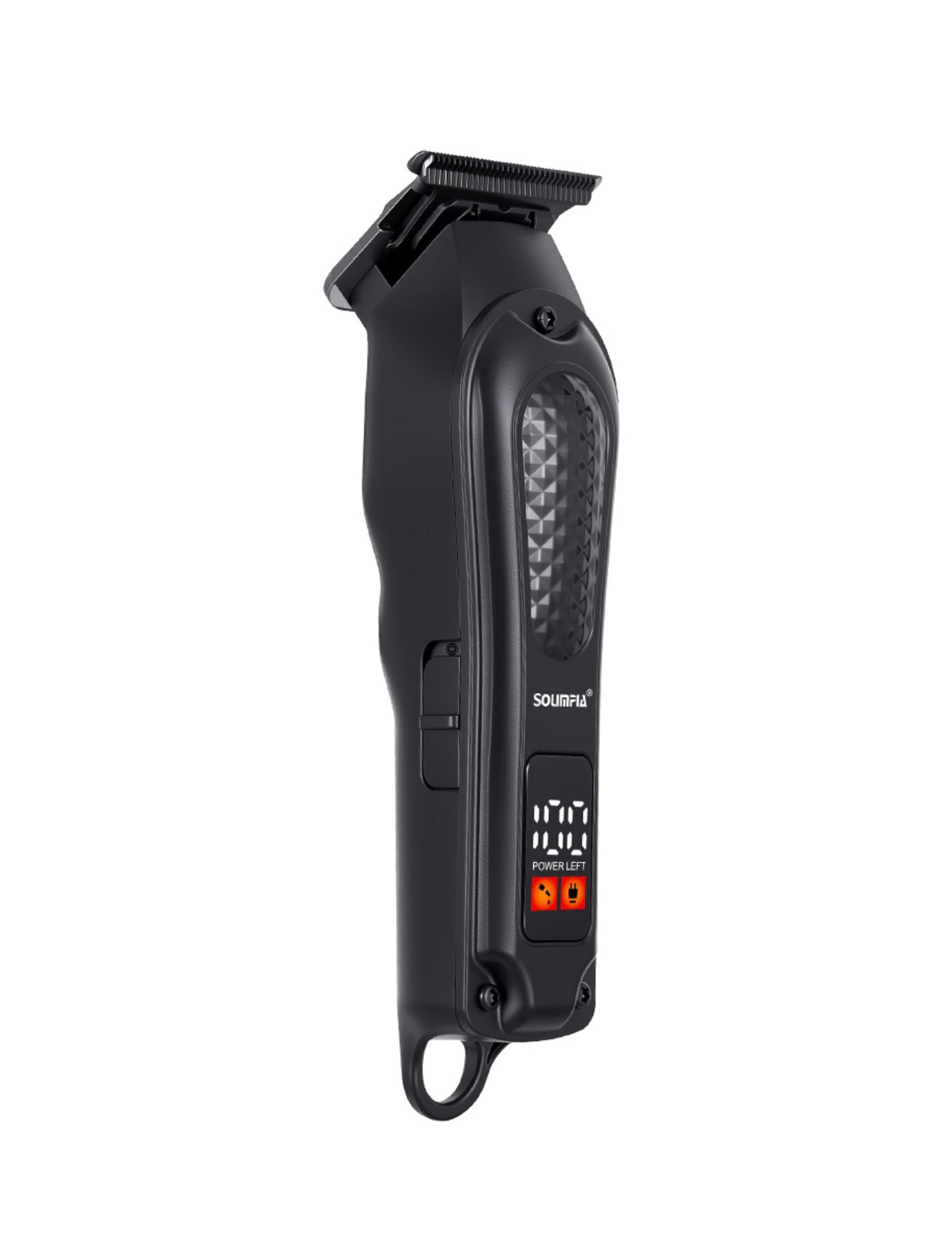 Black cordless hair clipper with LED display from Trendsi, showcasing a sleek design and adjustable blade settings.