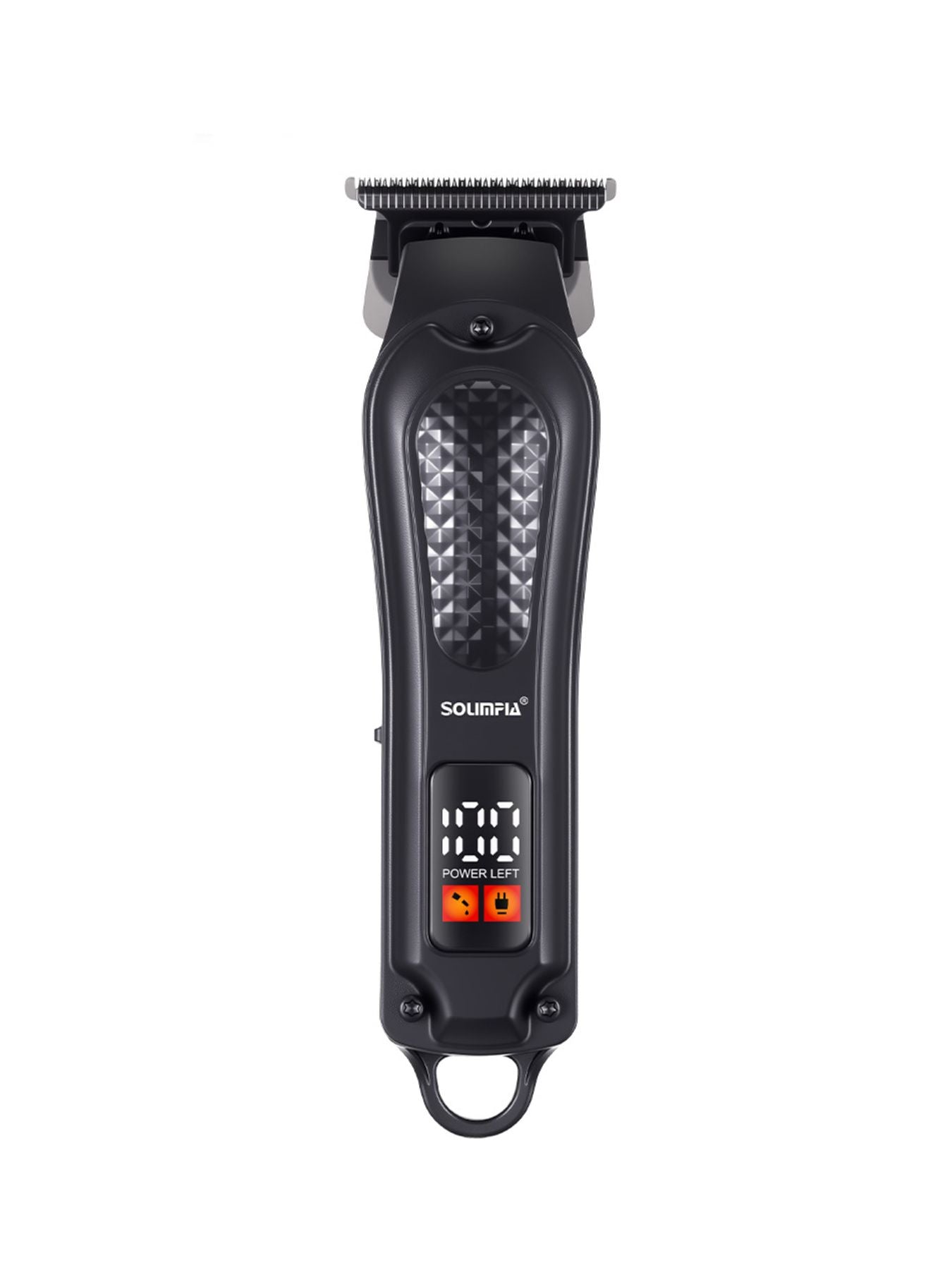 Black cordless hair clipper with LED display from Trendsi, showing adjustable blades and ergonomic design.