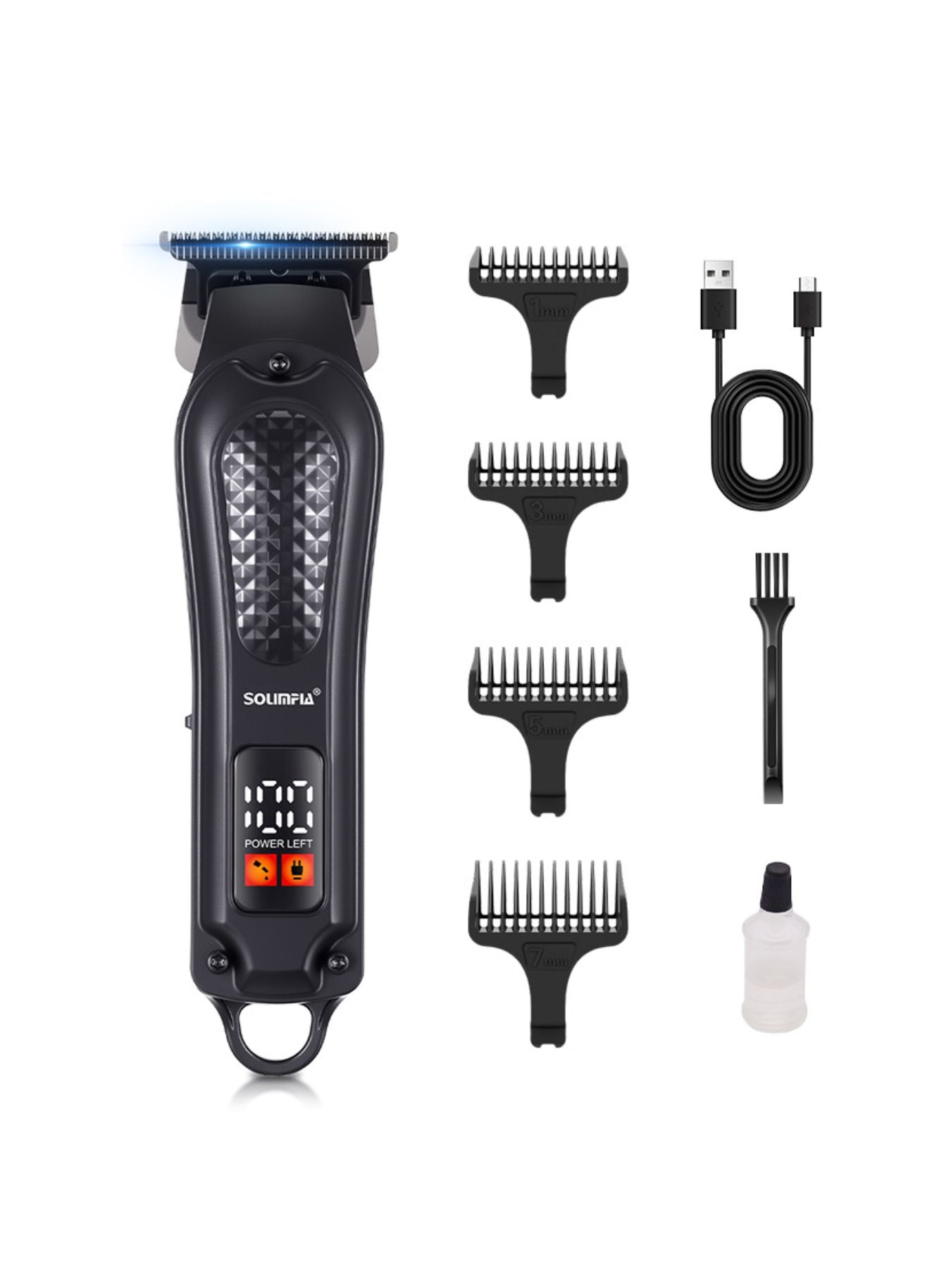 Black cordless hair clipper with LED display from Trendsi, showing adjustable blades and ergonomic design for easy grooming.