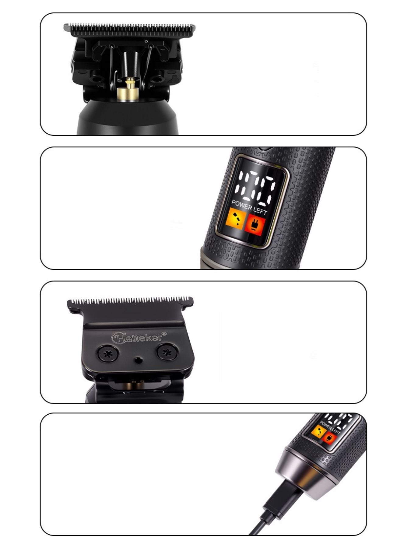 Black cordless hair clipper with LED display, Trendsi brand, showing adjustable blades and ergonomic design for precise haircutting.