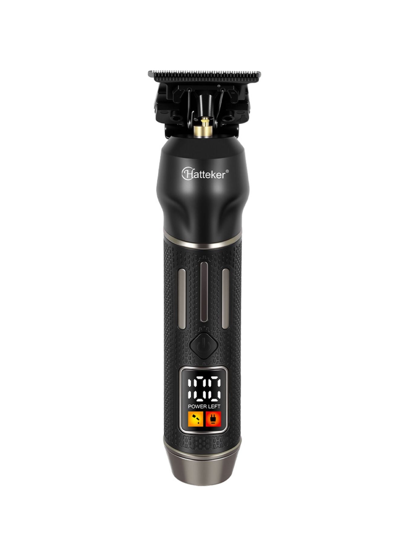Black cordless hair clipper with LED display and adjustable blades, designed for precise grooming and easy cordless operation.
