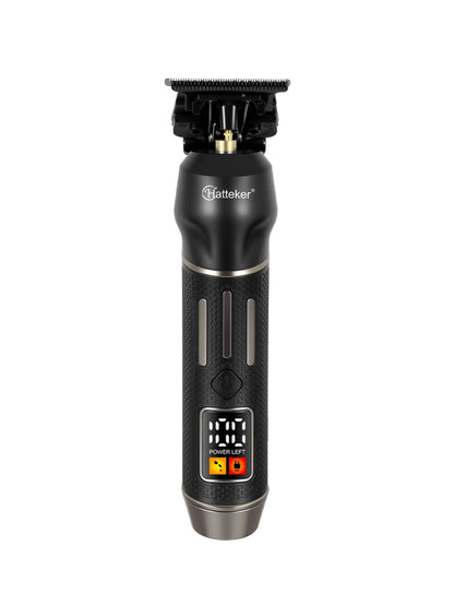 Black cordless hair clipper with LED display and adjustable blades, designed for precise grooming and easy cordless operation.