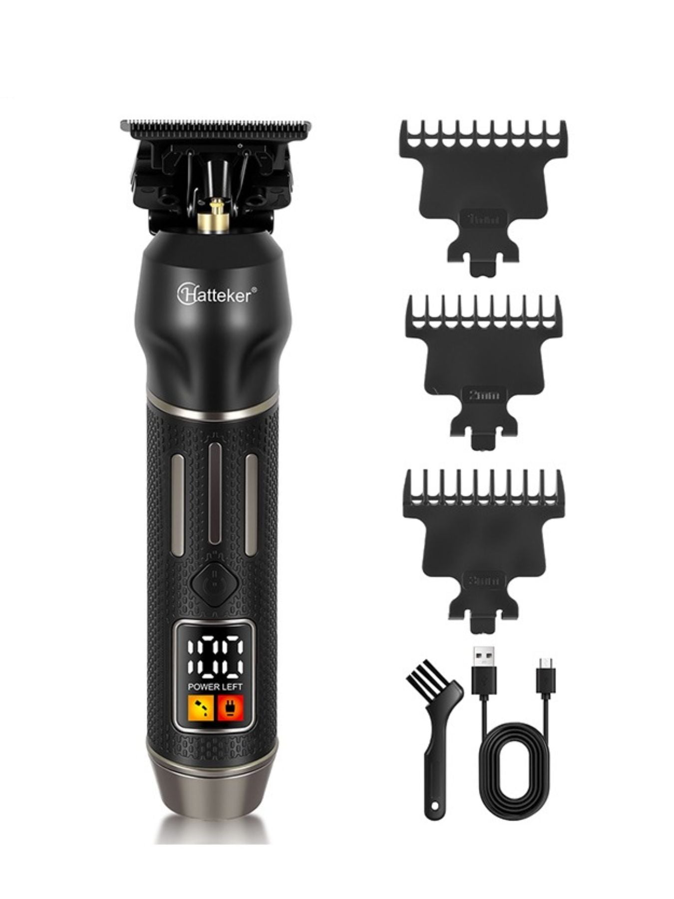 Black cordless hair clipper with LED display and adjustable blades, featuring a sleek design from Trendsi.