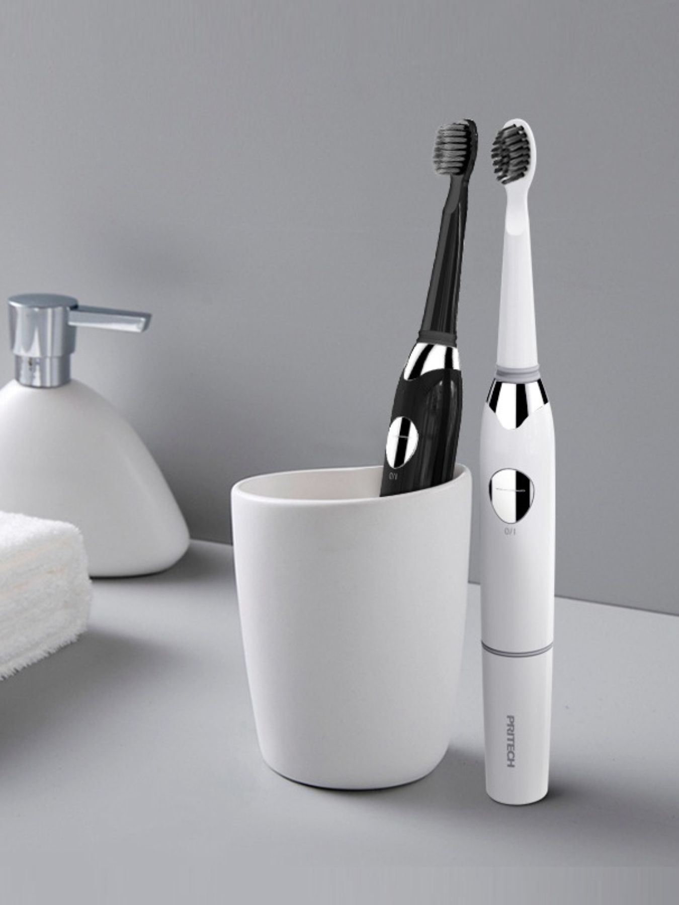 Black electric toothbrush with long battery life from Trendsi, featuring a sleek design and one-size-fits-all brushing head.