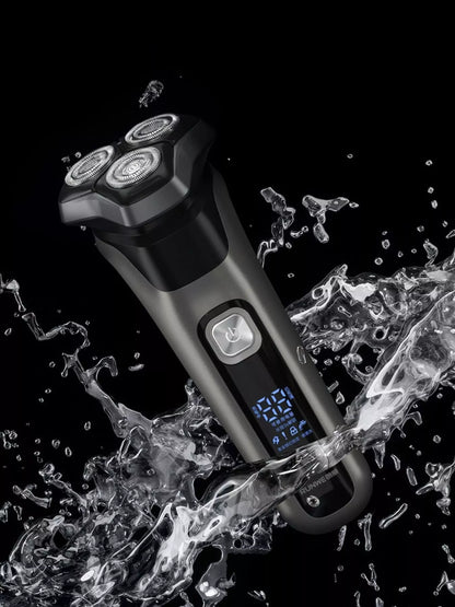 Men's rechargeable waterproof rotary shaver with LED display in black, featuring multiple rotary blades for a close shave.