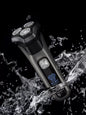 Men's rechargeable waterproof rotary shaver with LED display in black, featuring multiple rotary blades for a close shave.