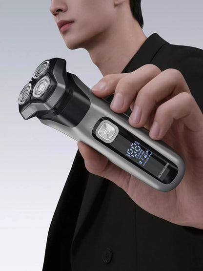 Men's black rechargeable waterproof rotary shaver by Trendsi with LED display and ergonomic handle for a smooth shave.