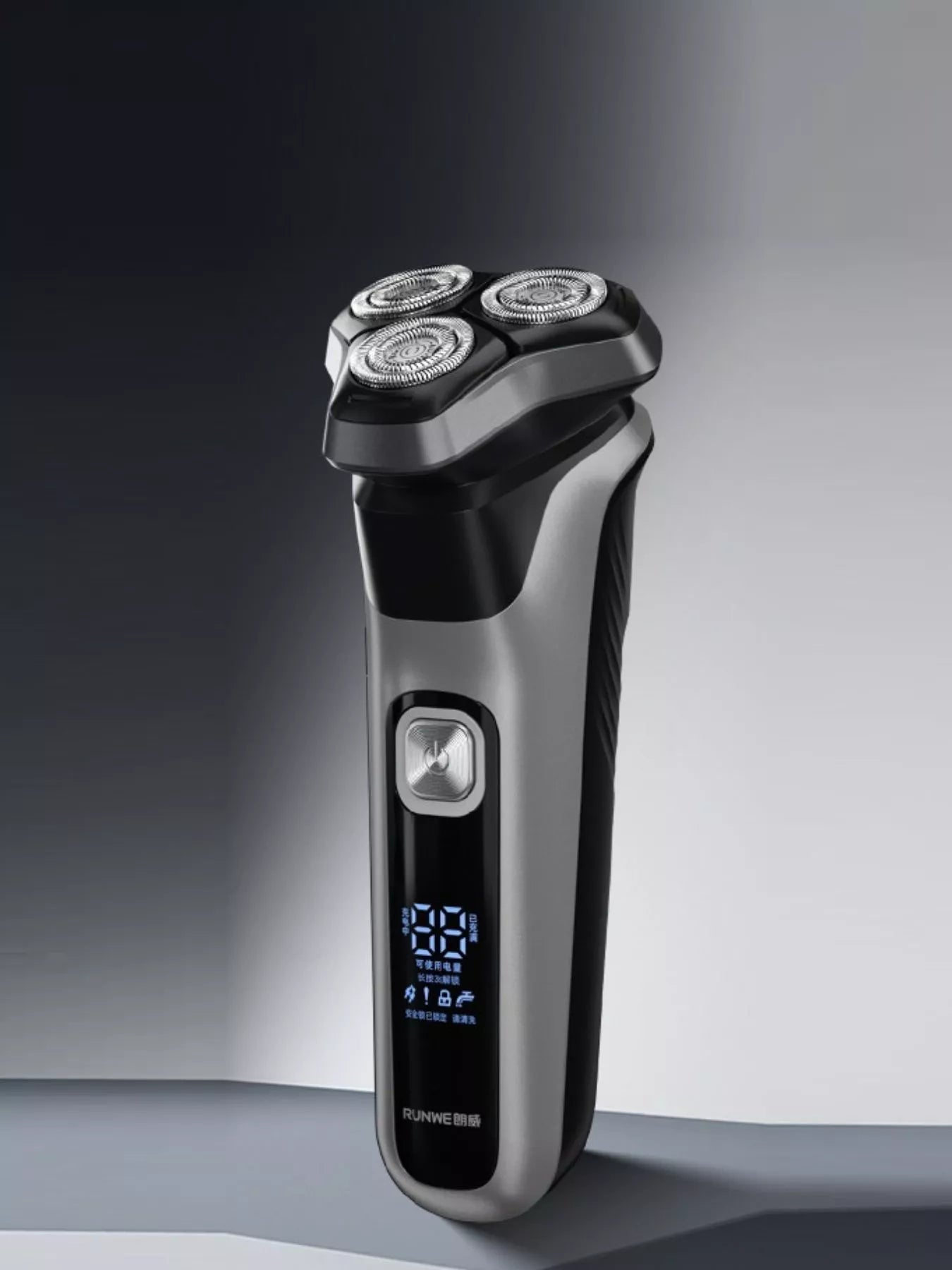 Men's black waterproof rechargeable rotary shaver with LED display, Trendsi brand, showing close-up of shaver head and sleek design.