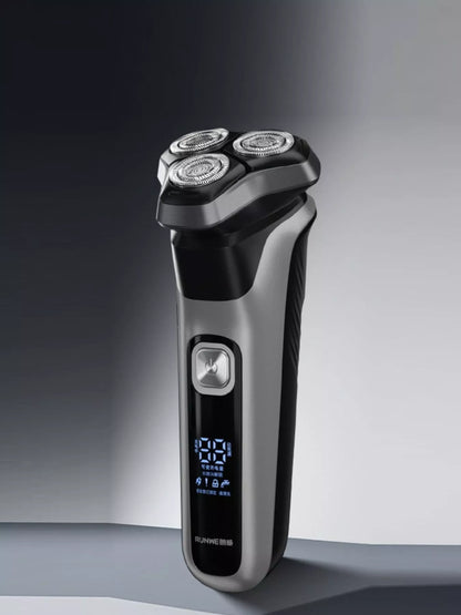 Men's black waterproof rechargeable rotary shaver with LED display, Trendsi brand, showing close-up of shaver head and sleek design.