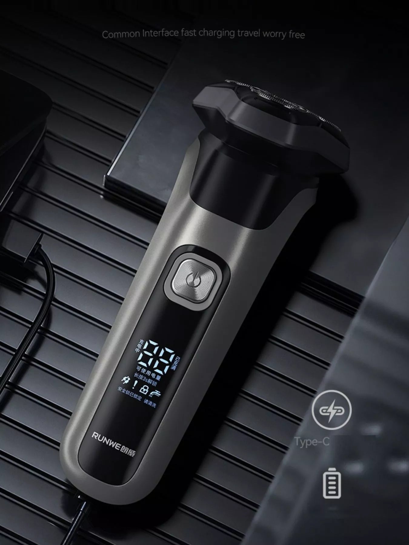 Men's rechargeable waterproof rotary shaver with LED display from Trendsi, featuring a sleek black design and versatile use.