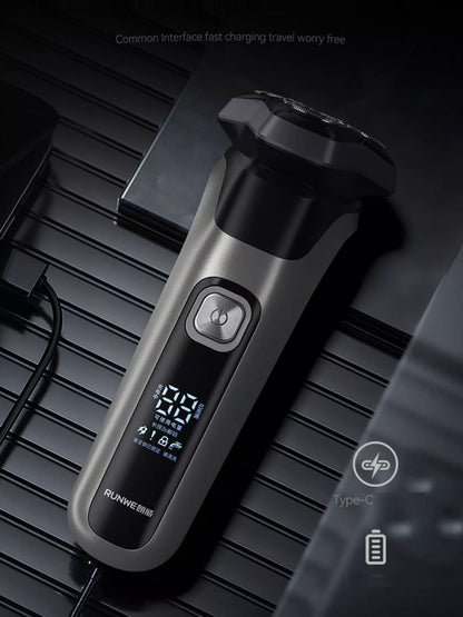 Men's rechargeable waterproof rotary shaver with LED display from Trendsi, featuring a sleek black design and versatile use.