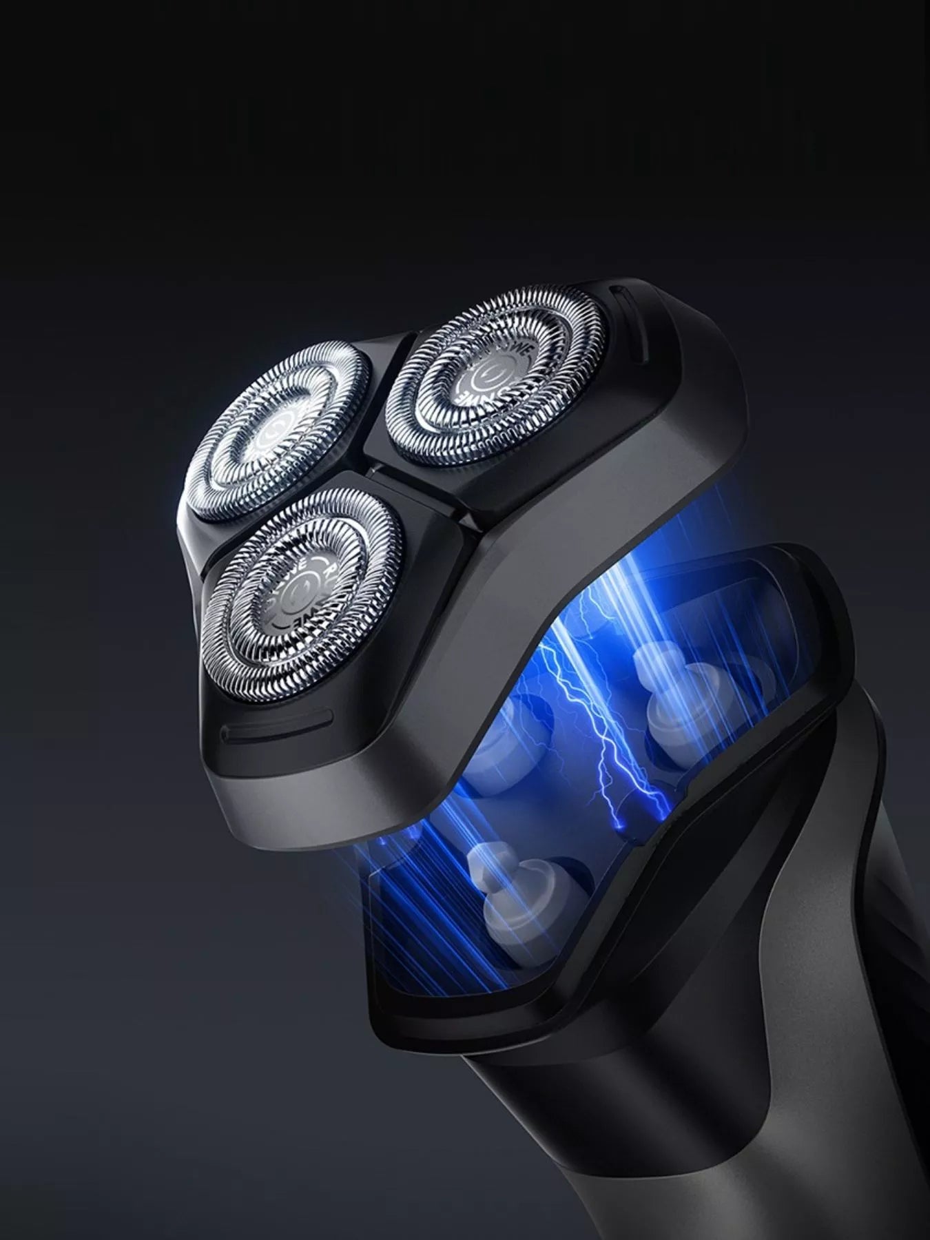 Black men's rechargeable waterproof rotary shaver with LED display, shown with close-up of shaver head and ergonomic handle.