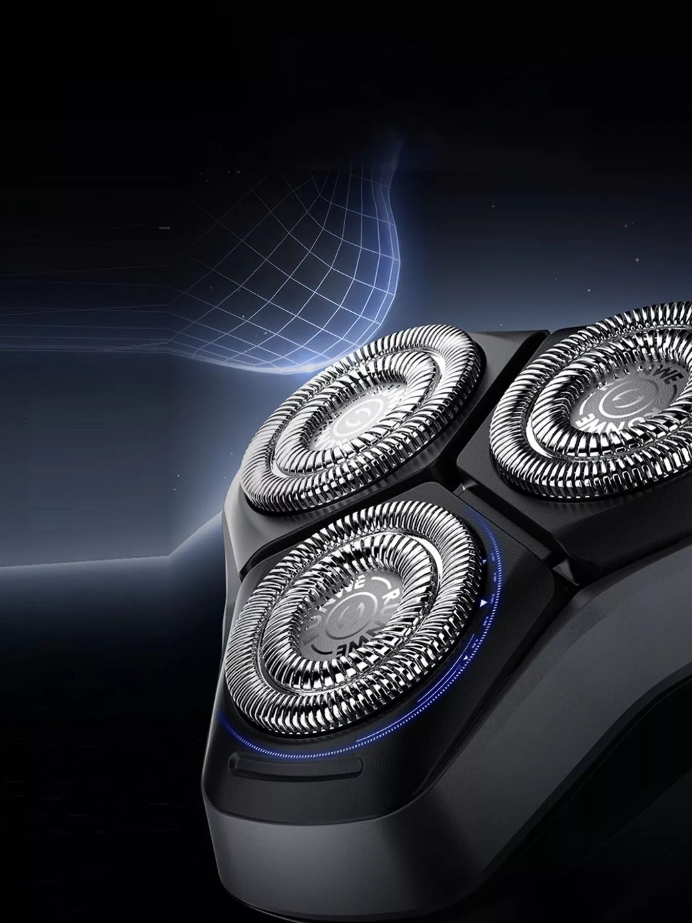 Black men's rechargeable waterproof rotary shaver with LED display, Trendsi, showing close-up of shaver head and LED indicators