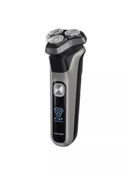 Men's waterproof rechargeable rotary shaver by Trendsi with LED display, black ergonomic design, suitable for wet and dry use.