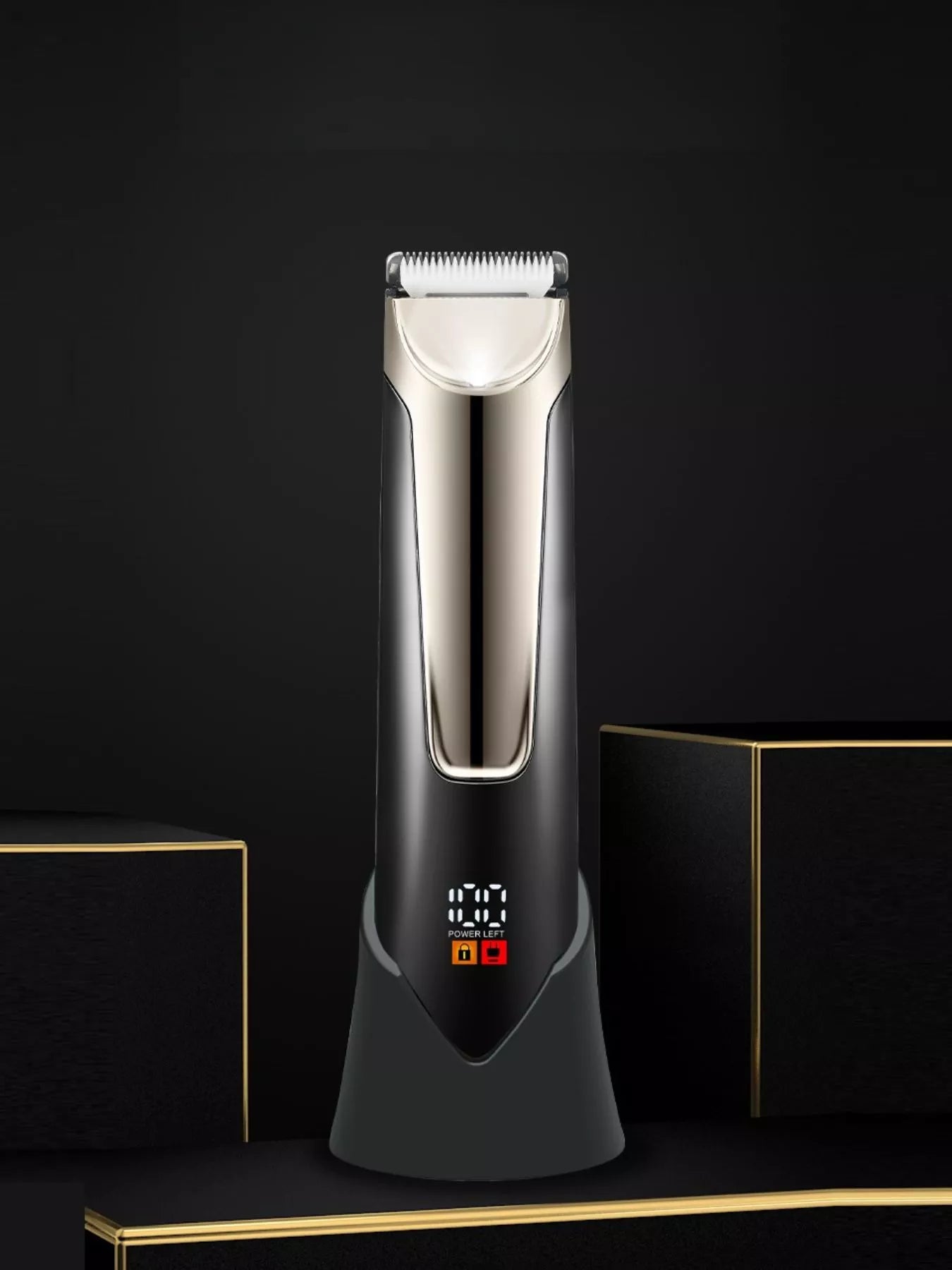 Men's waterproof electric trimmer with LCD display and dock charging, black Trendsi grooming tool for precise trimming.