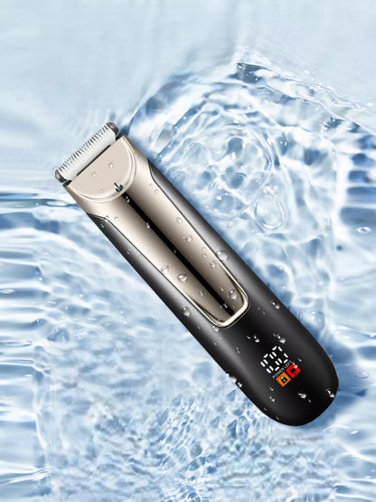 Men's waterproof electric trimmer by Trendsi with LCD display and dock charging, black, versatile grooming tool for precise trimming.